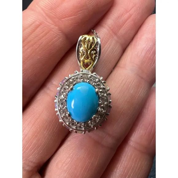 New Opal and turquoise halo pendant and chain necklace - Picture 9 of 11